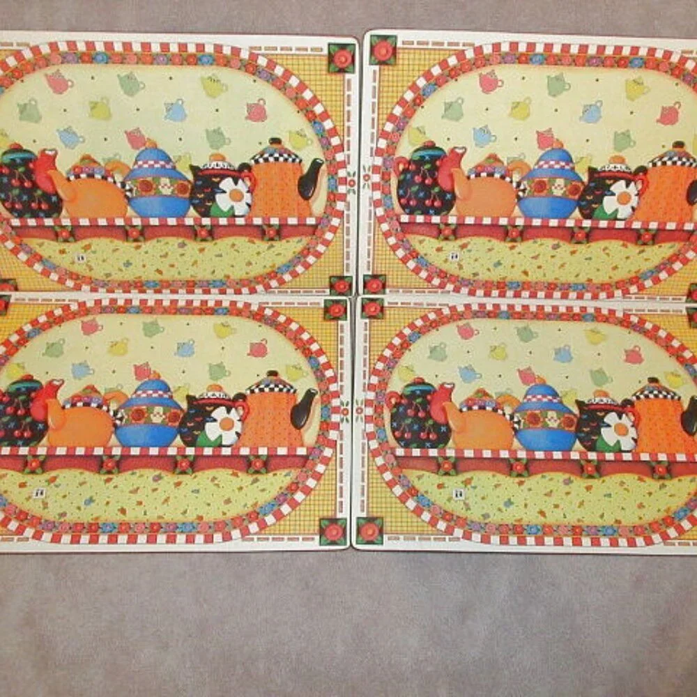 Vtg Mary Engelbreit Tea Party Placemats Set Of 4 Cork Back Farmhouse Cottagecore